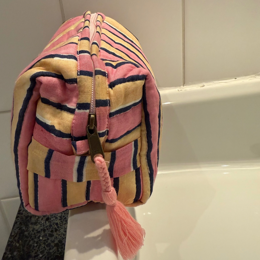 Toilettas - Strepen - Roze - Botergeel - Set