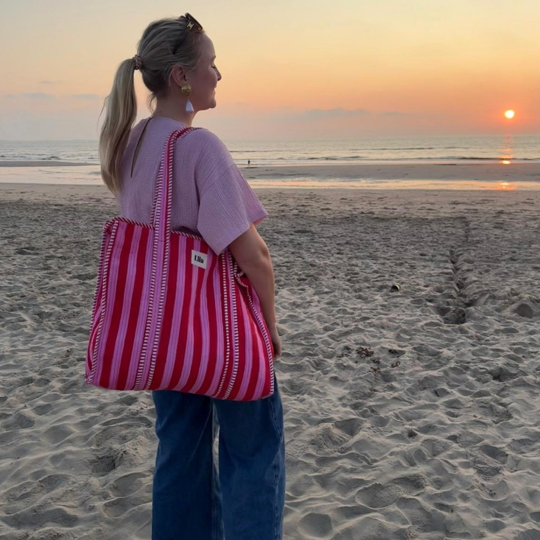 Pre-order - Tote bag - Rood - Roze - Strepen - inclusief toilettas -Rits