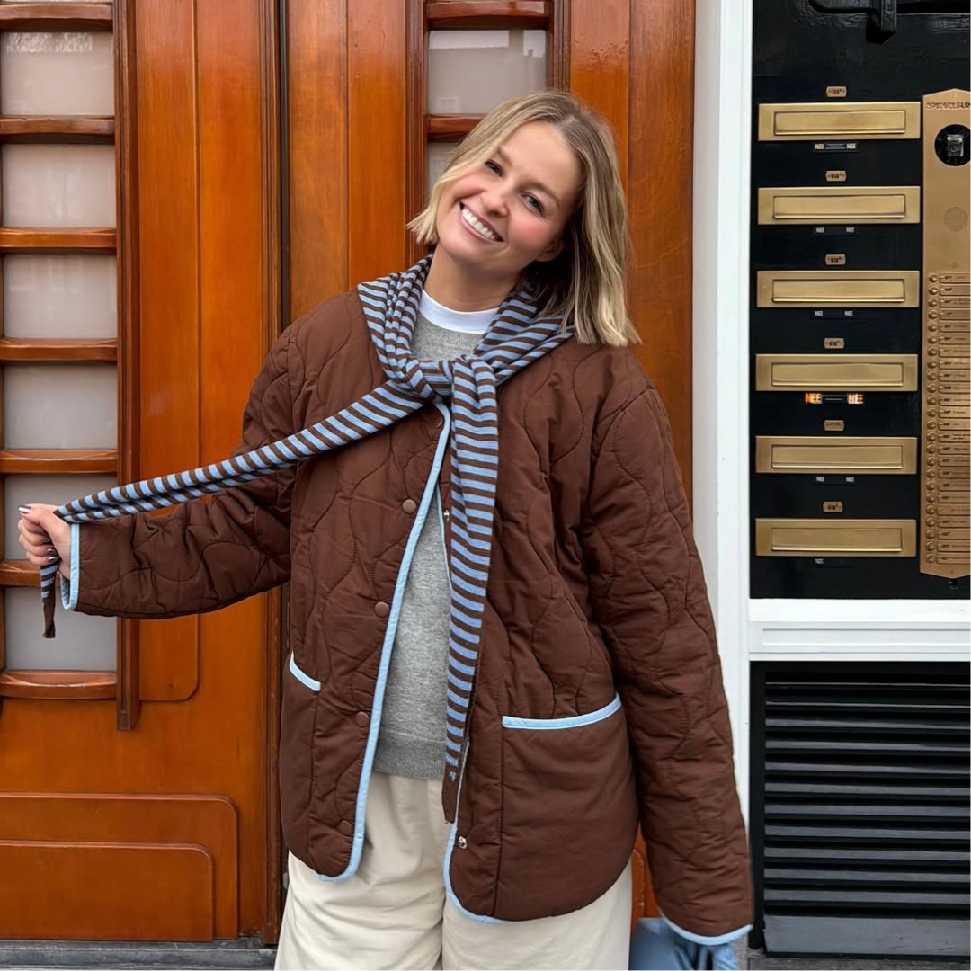 Triangle Scarf - Toffee - Brown & Blue stripe - Large