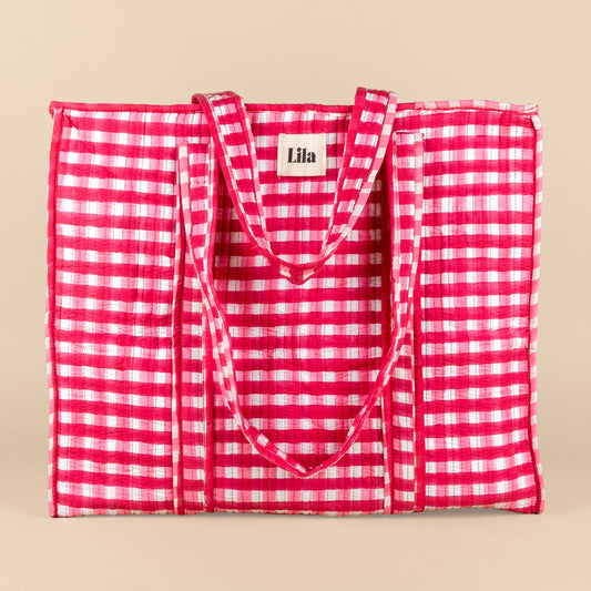 Einkaufstasche – Gingham – inklusive Kulturbeutel – Pink – Reißverschluss – Nr. 19