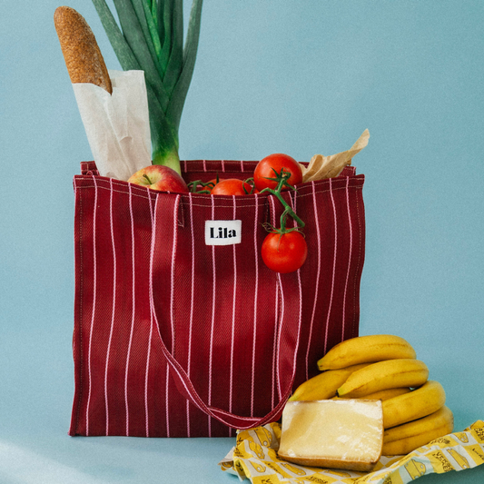 Tragetasche aus recyceltem Nylon – Burgunderrot gestreift