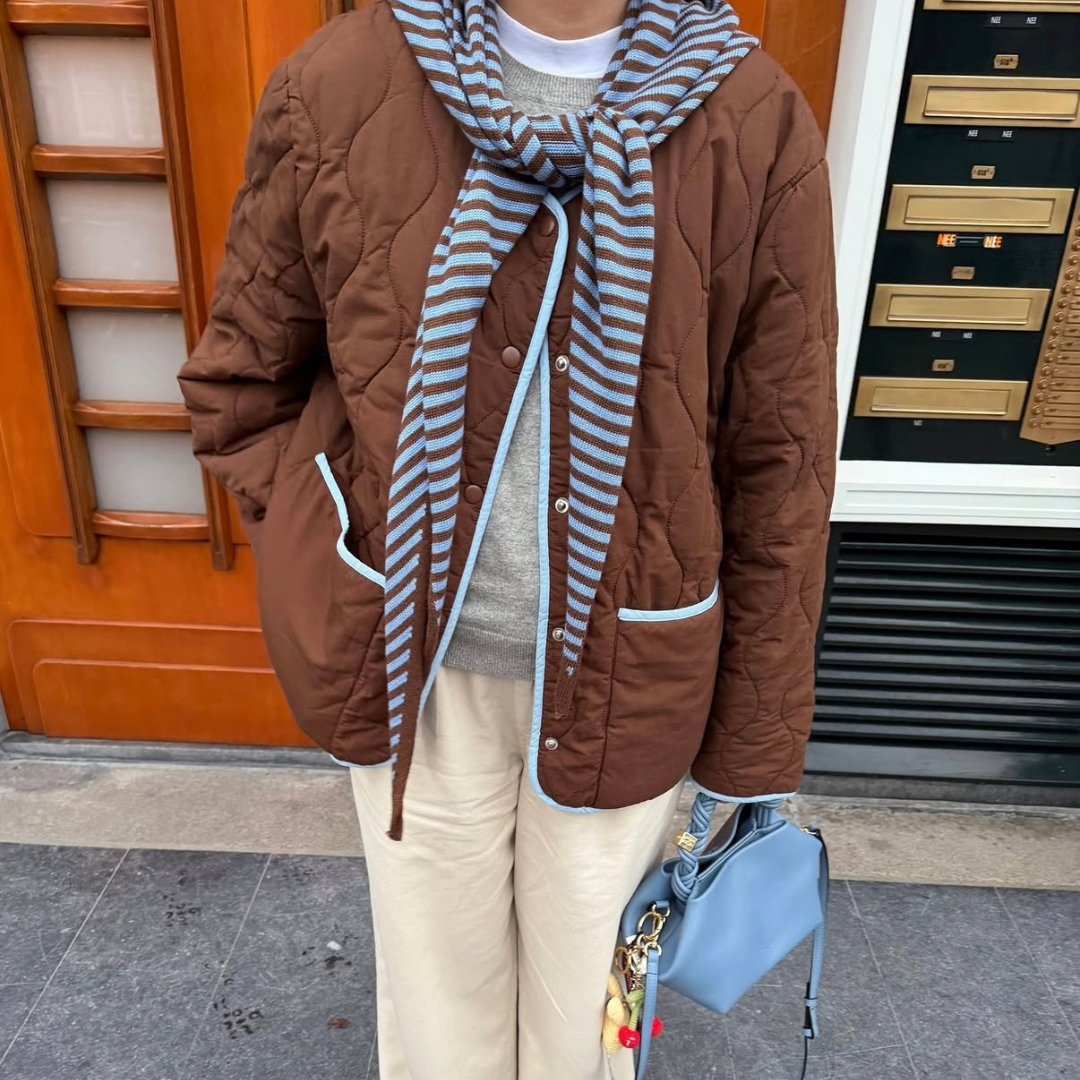 Triangle Scarf - Toffee - Brown & Blue stripe - Large