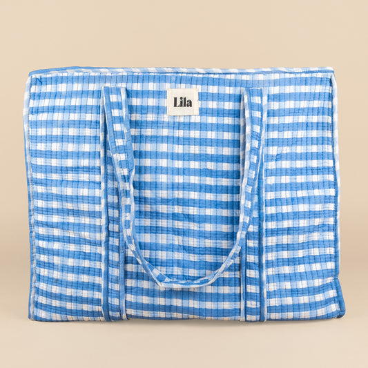 Einkaufstasche – Gingham – inklusive Kulturbeutel – Blau – Reißverschluss – Nr. 20